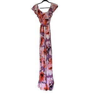 PEACH LOVE women’s orange and purple floral off shoulder long maxi dress sz S